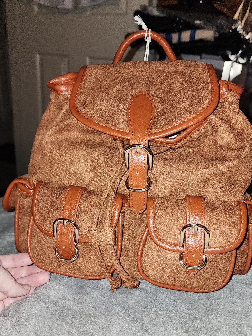 Brown Suede Drawstring Backpack with Buckle Pockets